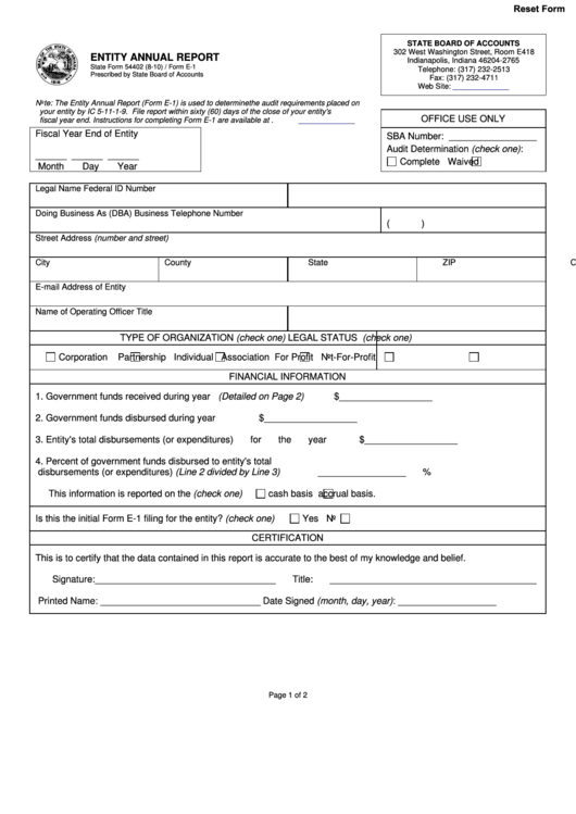 Fillable Entity Annual Report (Form E-1) Printable pdf