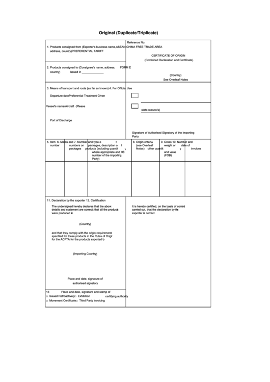 Form E - Asean-Chinafree Trade Area Preferential Tariff Certificate Of Origin Printable pdf