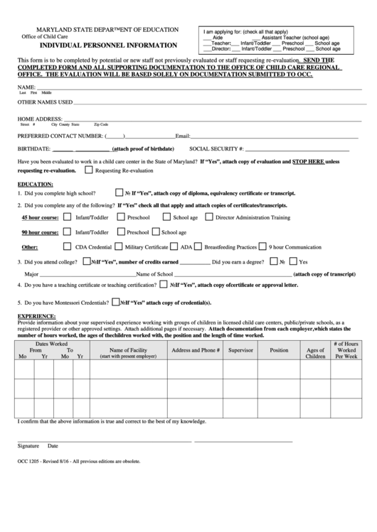 Occ 1205 Form - Individual Personnel Information Printable pdf