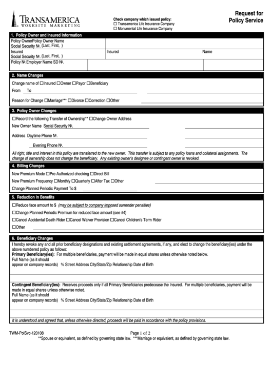 Fillable Request For Policy Service Form Printable pdf