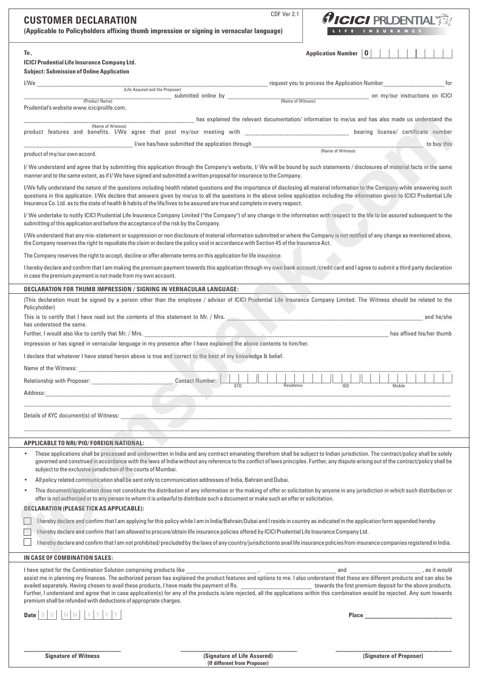 Customer Declaration Form - Prudential Life Insurance