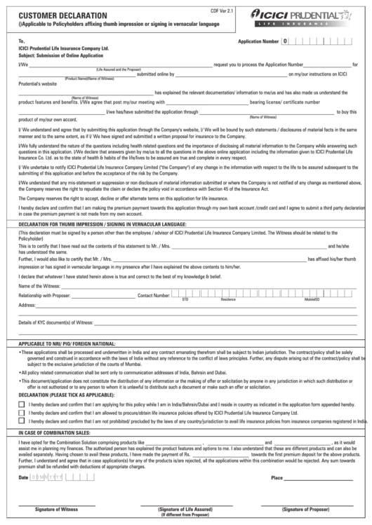 Customer Declaration Form - Prudential Life Insurance Printable pdf