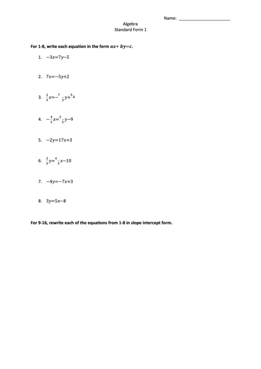 Algebra Standard Form Worksheet Printable pdf