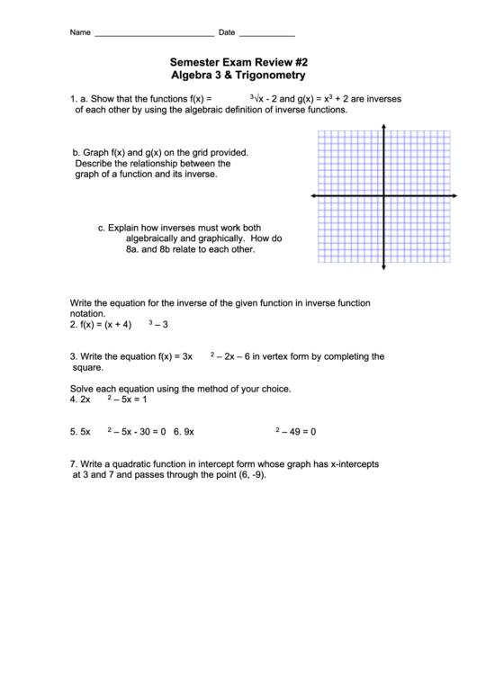 Semester Exam Review #2 Algebra 3 And Trigonometry Printable pdf