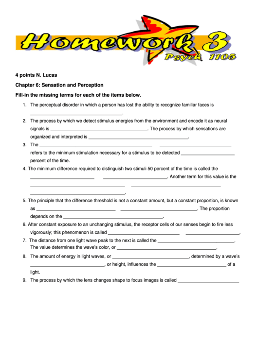 Sensation And Perception Homework Worksheet Printable pdf
