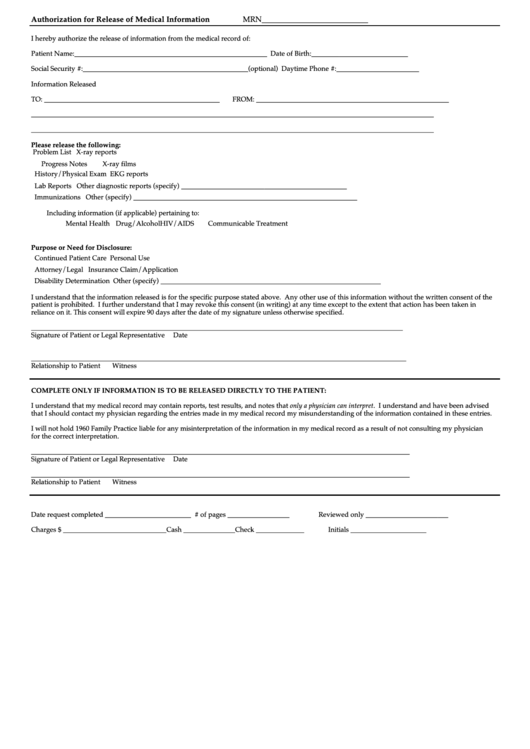 Authorization To Release Medical Information Form Printable pdf