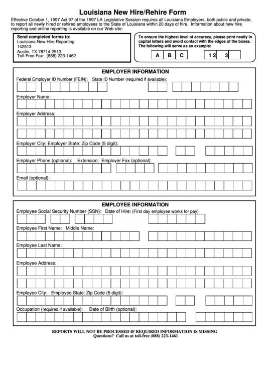 Louisiana New Hire/rehire Form - New Hire Reporting Printable pdf