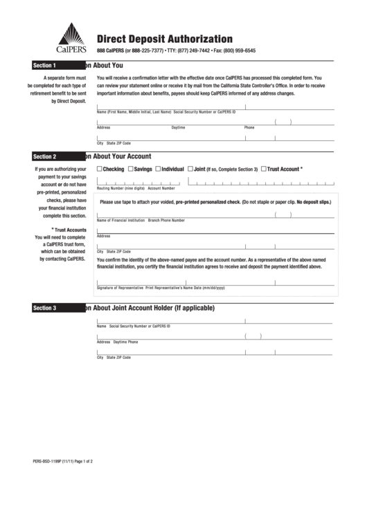 Calpers Direct Deposit Authorization Form printable pdf download