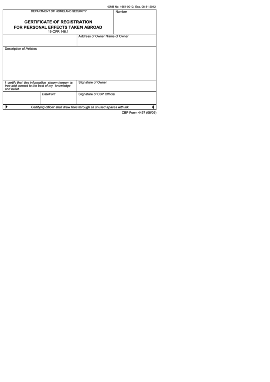 Fillable Certificate Of Registration For Personal Effects Taken Abroad Printable pdf