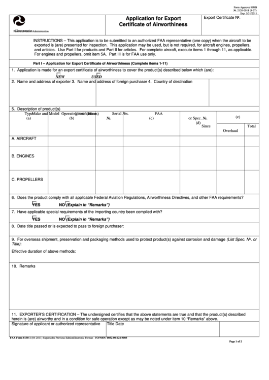 Fillable Faa Form 8130-1 - Application For Export Certificate Of Airworthiness Printable pdf