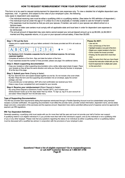 Fillable Dependent Care Fsa Claim Form - Reimbursement Form - 2017 Printable pdf