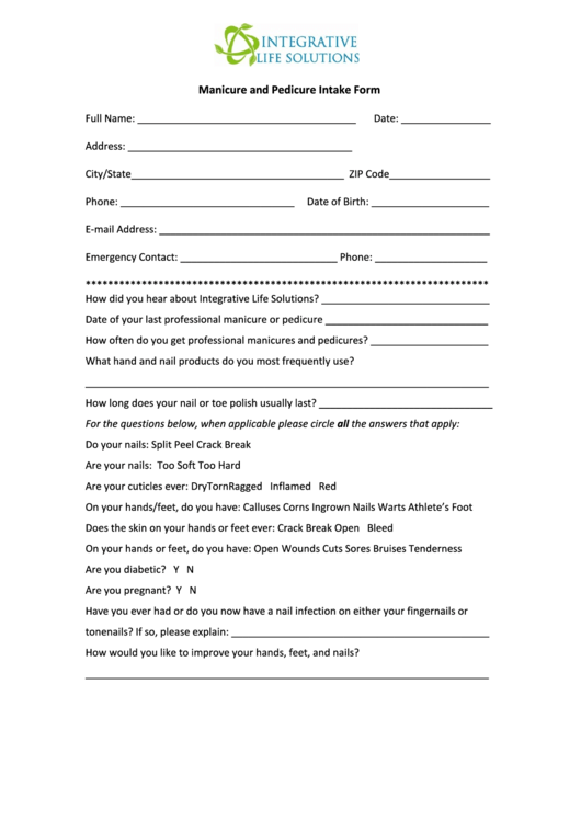 Manicure And Pedicure Intake Form - Integrative Life Solutions Printable pdf