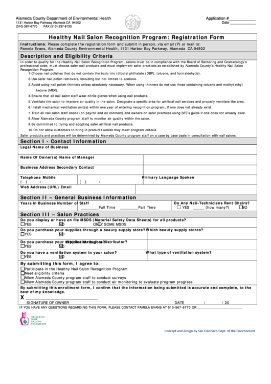 Healthy Nail Salon Recognition Program: Registration Form Printable pdf