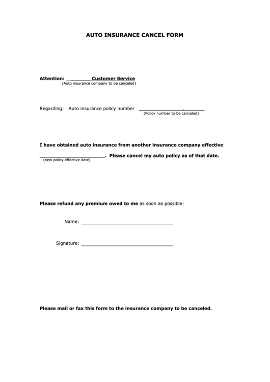 Fillable Auto Insurance Cancel Form printable pdf download