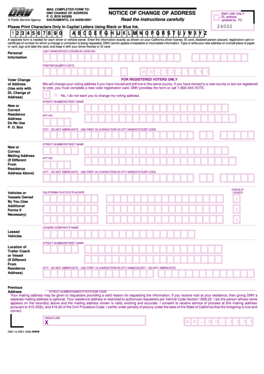 Form Dmv 14 - Notice Of Change Of Address Form Printable pdf