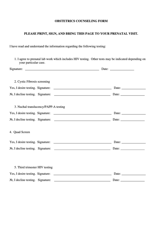 Obstetrics Counseling Form Printable pdf