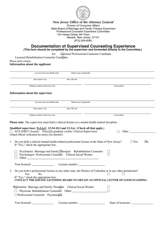 Fillable Documentation Of Supervised Counseling Experience - New Jersey Printable pdf