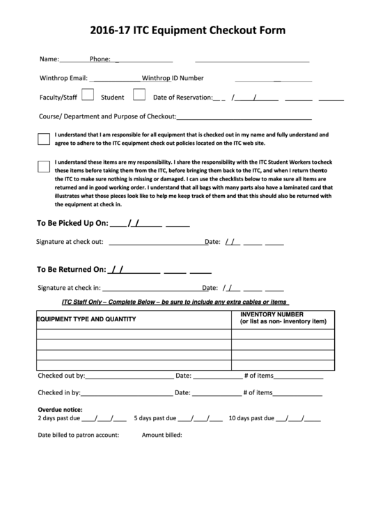 Equipment Check Out Form Printable pdf