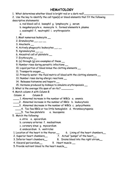 Hematology Worksheet Printable pdf
