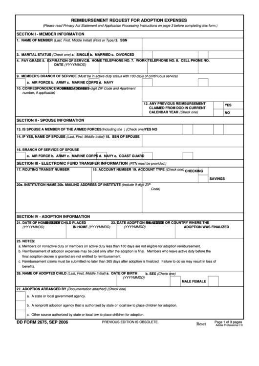 Fillable Dd Form 2675, Reimbursement Request For Adoption Printable pdf