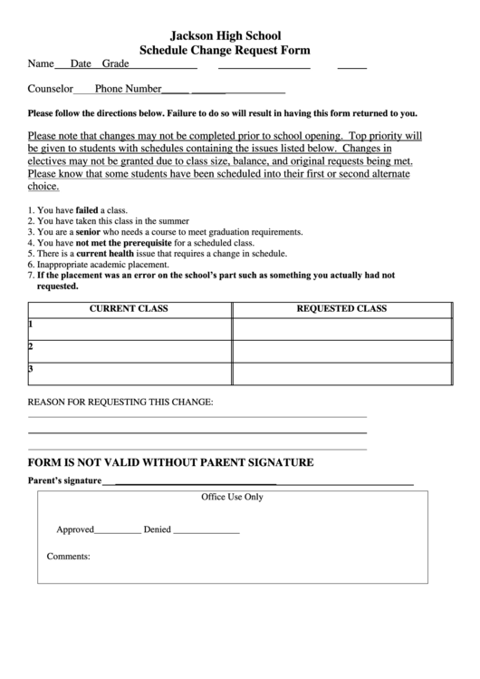 Class Schedule Change Request Form Printable pdf
