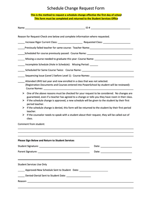Schedule Change Request Form Printable pdf