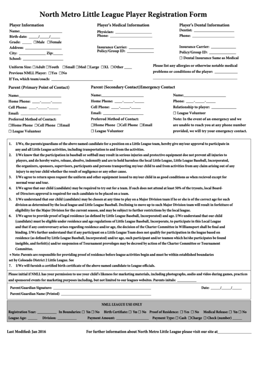 Little League Player Registration Form Printable pdf