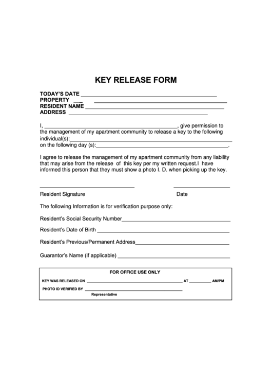 Key Release Form Printable pdf