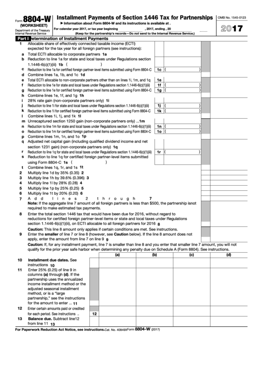 Fillable Form 8804-W (Worksheet) Installment Payments Of Section 1446 Tax For Partnerships - 2017 Printable pdf