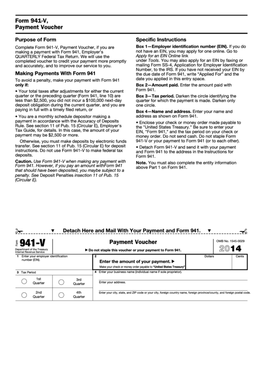 Fillable Form 941-V - Payment Voucher - 2014 Printable pdf