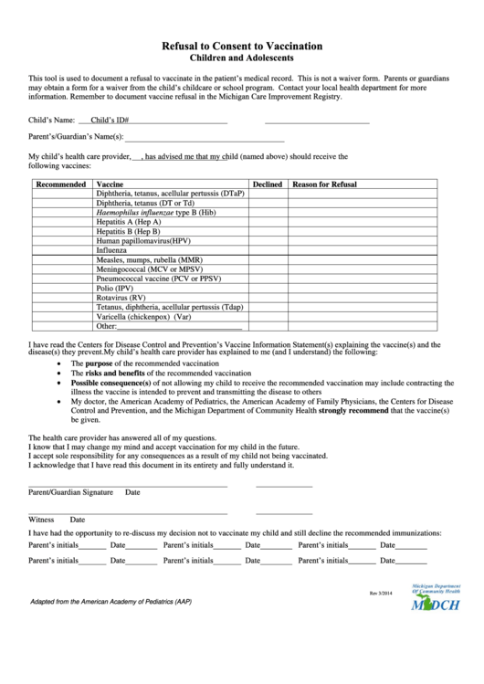 Refusal To Consent To Vaccination Form (Children And Adolescents) Printable pdf