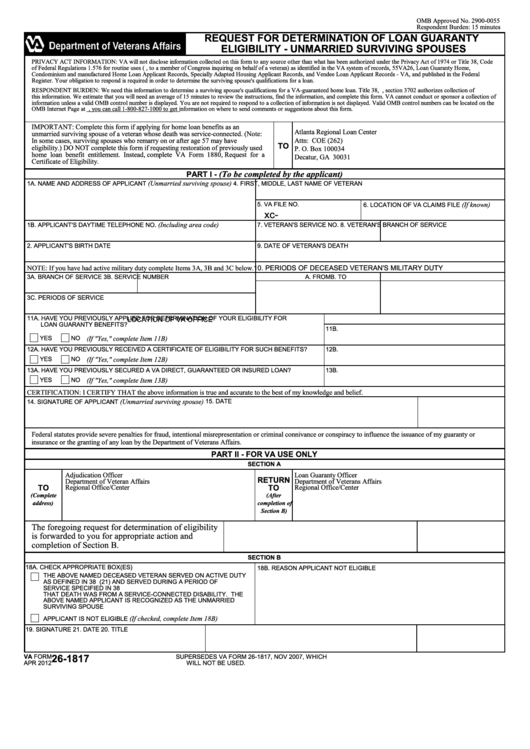 Fillable Va Form 26-1817 - Request For Determination Of Loan Guaranty Eligibility - Unmarried Surviving Spouses Printable pdf