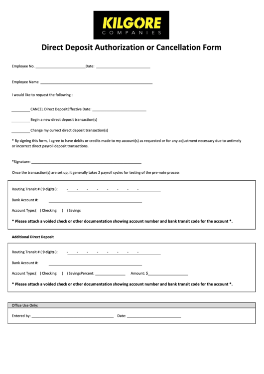 Direct Deposit Authorization Or Cancellation Form Printable pdf