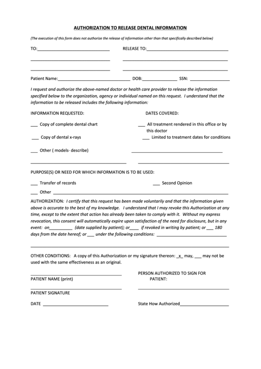 Authorization To Release Dental Information Printable pdf