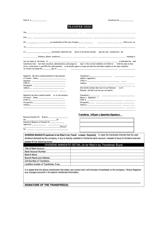 Transfer Deed Form Printable pdf