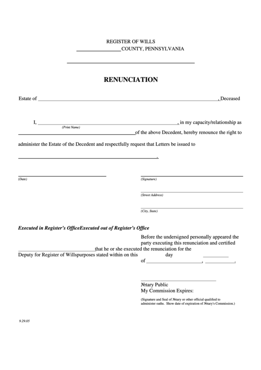 Renunciation Form - Pennsylvania Printable pdf