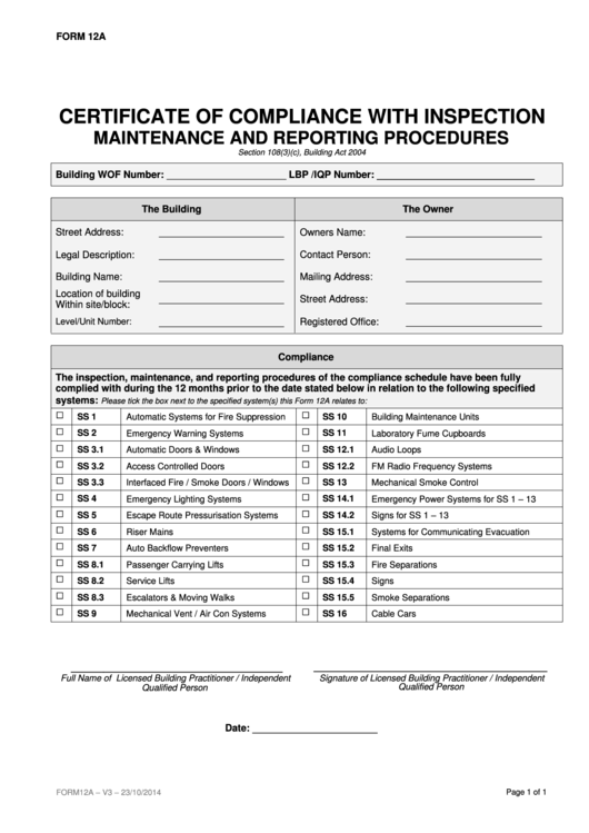 Form 12a - Certificate Of Compliance With Inspection Maintenance And Reporting Procedures Printable pdf