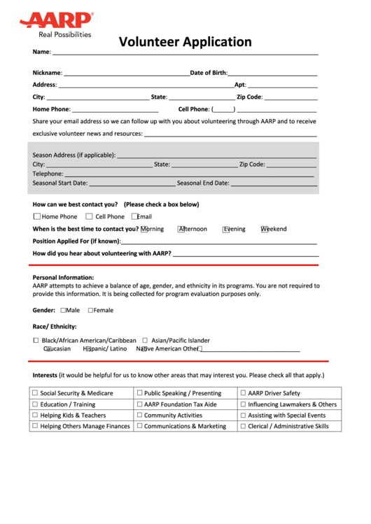 Aarp Volunteer Application Printable pdf