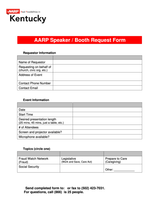 Kentucky Aarp Speaker / Booth Request Form Printable pdf