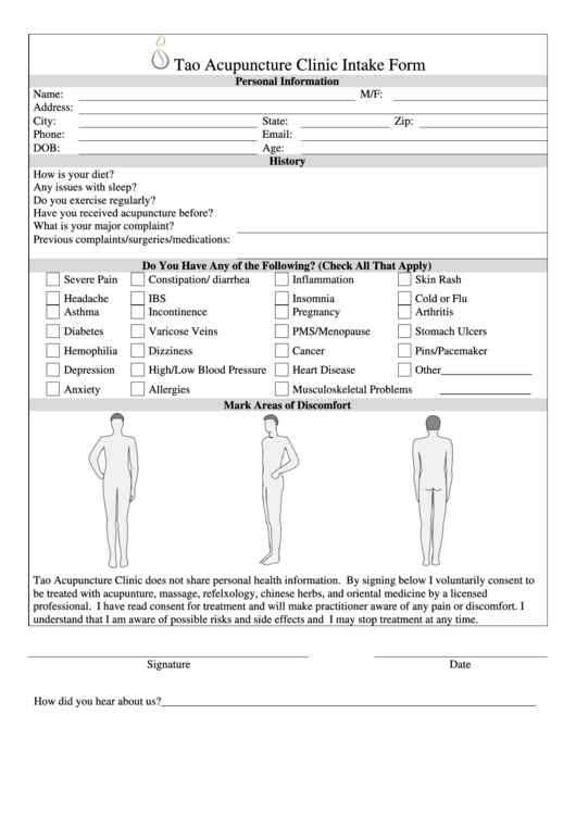 Tao Acupuncture Clinic Intake Form Printable pdf