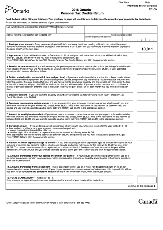 Fillable Form Td1on Ontario Personal Tax Credits Return Form 2016 