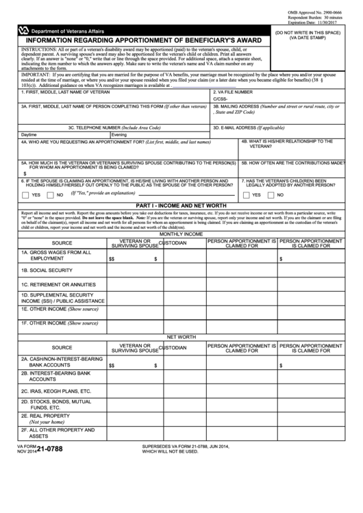 Fillable Va Form 21-0788 - Information Regarding Apportionment Of Beneficiary