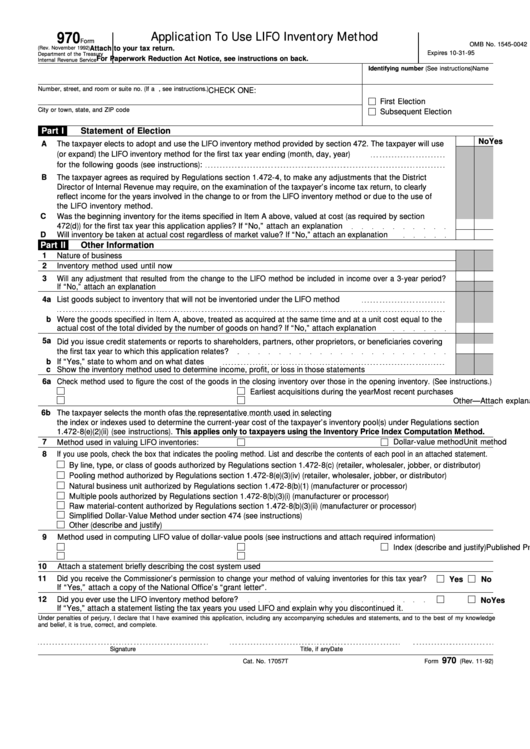 Form 970 (1992) Application To Use Lifo Inventory Method printable pdf ...