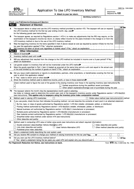 Fillable Form 970 (2001) Application To Use Lifo Inventory Method ...