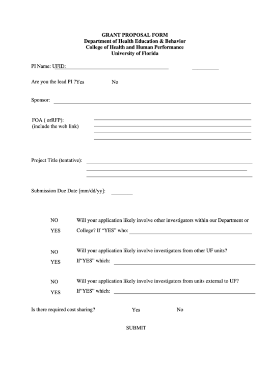 Fillable Grant Proposal Form - Department Of Health Education & Behavior Printable pdf