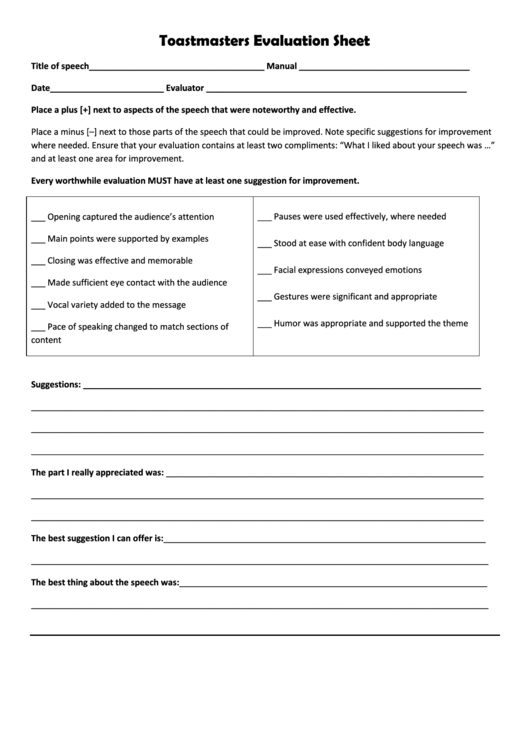 Toastmasters General Evaluator Worksheet