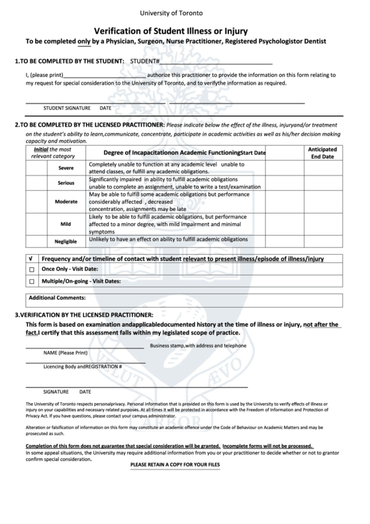 Fillable University Of Toronto Verification Of Student Illness Or Injury Printable pdf