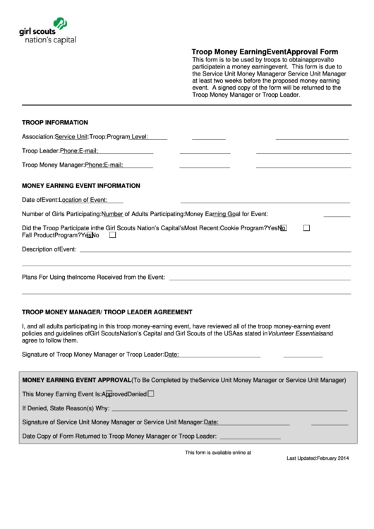 Fillable Troop Money Earning Event Approval Form (Girl Scouts Nation