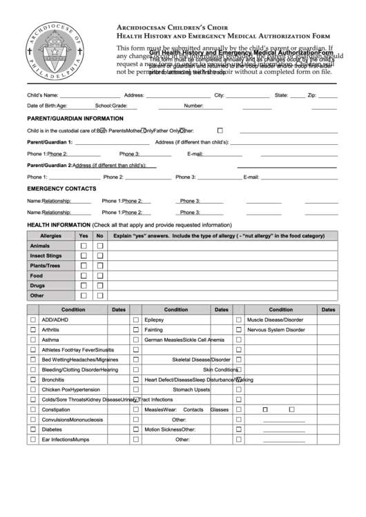 Fillable Health History And Emergency Medical Authorization Form - Archdiocesan Children