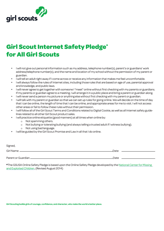 Fillable Girl Scout Internet Safety Pledge For All Girl Scouts Printable pdf